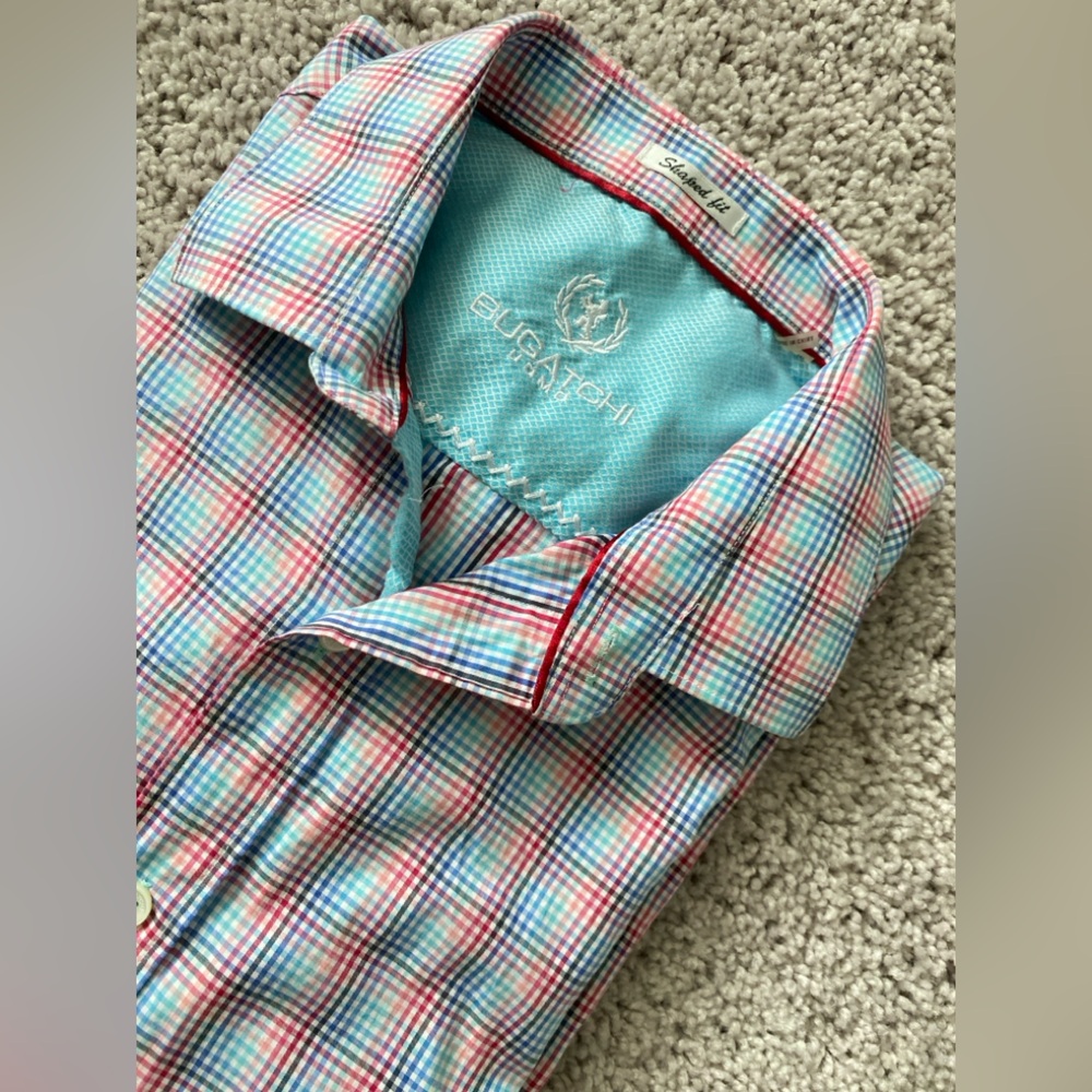 Bugatchi Uomo Dress Shirt Shaped Fit Plaid Button Up Casual Mens Size Medium